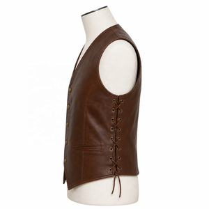 Chaleco de Cuero Genuino Marrón para Hombre, Estilo Vintage con Cuello en V, Cierre de Botones y Espalda con Cordones, Ropa de Abrigo para Otoño - Product Image 5