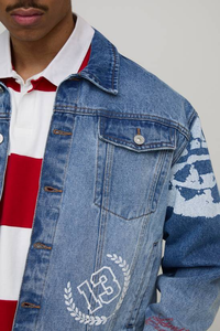 Veste en jean décontractée pour homme, design personnalisé, avec boutons, effet vieilli, strass, coupe-vent et écologique, vente en gros - Product Image 6