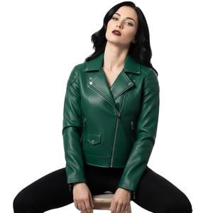 Chaqueta de Motociclista de Cuero Verde, Logotipo Personalizado, Venta al por Mayor, Cantidad a Granel, Directo de Fábrica, Estilo Motero, Abrigo de Moda para Mujer, Servicio OEM - Product Image 1