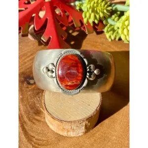 Emer Thompson Spiny Oyster <b>Sterling</b> <b>Silver</b> Cuff <b>Bracelet</b> Vintage 925 <b>Silver</b> Cuff <b>Bracelet</b> With Coral Stone Bezel Setting Unisex - Product Image 1