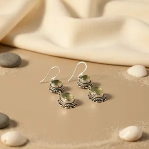 Boucles d'oreilles pendantes vintage en or avec perle d'eau douce et pierre précieuse préhnite pour femmes - Product Image 3