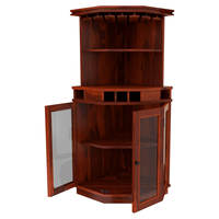 Meuble en bois de teck massif de style antique, bar à vin d'angle avec portes vitrées, quincaillerie en fer et porte-bouteilles fixe
