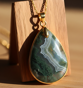 Chaîne en argent Sterling 925 fabriquée à la main pendentif en forme de goutte en or 18 carats bohème agate de mousse naturelle pierres de cristal de guérison cadeau - Product Image 6