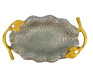 Plateau de service en aluminium Poignée en forme de fleur en laiton Artisanat martelé avec plateau rond en aluminium Prix supérieur - Product Image 2