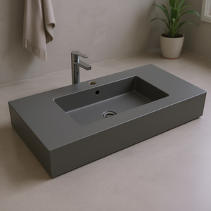 Lavabo Minimalista in Resina 100 Cm Grigio Opaco con Foro per Rubinetto di Koricini - Product Image 3