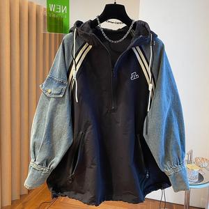 Oversized Sweatshirts for Women <b>Patchwork</b> Denim Streetwear <b>Tops</b> 2025 Hooded Contrast Color Vintage Hoodies - Product Image 3