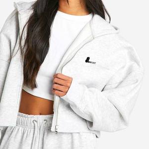 Color sólido logotipo personalizado 100% algodón transpirable Zip Sweatsuit Set mujeres Stand Front Heavyweight Winter Sporty Hoodie Jogger - Product Image 4