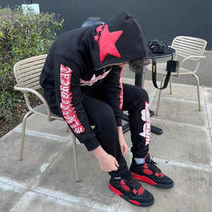 Custom Logo Spring Y2K Star Graphic Hooded Hoodie and <b>Flared</b> <b>Sweatpants</b> Two Piece Heavyweight Fleece Streetwear Tracksuit Men - Product Image 2