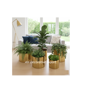 Ensemble de jardinières en acier inoxydable poli or de luxe, pots à fleurs en métal modernes pour la décoration intérieure - Product Image 1