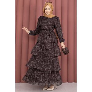 Vestido de Gasa Marrón con Estampado de Puntos, Cinturón en Capas, Cintura Imperio, Silueta en A Modesta - Product Image 4