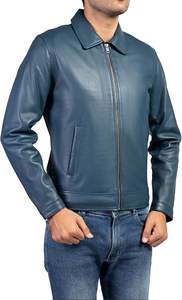 Veste en cuir bleu pour homme sur mesure, cuir véritable, style motard décontracté pour l'exportation, fermeture éclair sur le devant, coupe ajustée, vêtements d'extérieur décontractés, vente en gros - Product Image 5