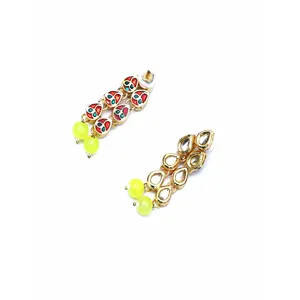 24K Gold Plated Kundan Long Necklace Set Vintage Style Bridal and Party Fine Jewelry with Zircon <b>Yellow</b> - Product Image 4