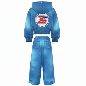 Survêtement à fermeture éclair en polaire de qualité supérieure 380 GSM ensemble de survêtements et sweat à capuche d'hiver épais tissu doux bleu logo personnalisé broderie survêtements - Product Image 2