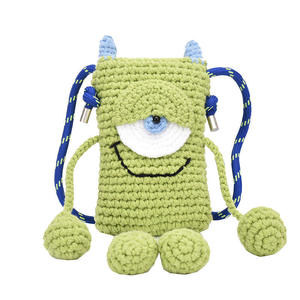 Sac messager créatif en coton au crochet pour femme, motif monstre à petits yeux, style dessin animé, pour la mode parent-enfant, avec empiècements tressés contrastants - Product Image 5