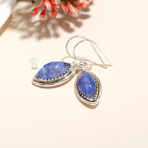 925 Plata de Ley sólida piedra lunar azul pendiente de piedras preciosas pendientes de gota de piedra Natural pendientes hechos a mano naturales personalizados - Product Image 2