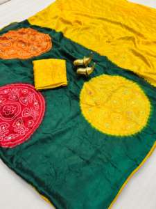 Sari Bandhani de Diseño de Calidad de Exportación, Sari de Muselina Suave con Bordado de Espejo, para Mujer, en Existencia, Hecho en India, Disponible al Mejor Precio - Product Image 2