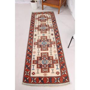Turkish 2.2x7.6 ft Rug, <b>Runner</b> Vintage Rug, <b>Red</b> Blue Ikat Rug - Product Image 1