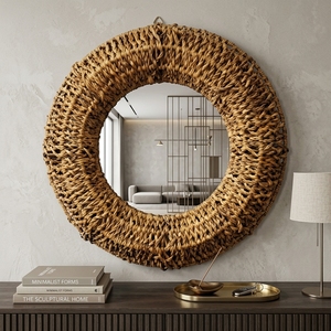 Miroir mural rond en écorce de banane naturelle, cadre tressé épais, miroir de vanité suspendu, décoration artistique pure, décoration de chambre, artisanat bohème, fabrication artisanale - Product Image 5