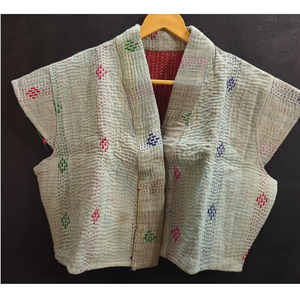 Sea Mist Kantha Embroidered <b>Capped</b> <b>Sleeve</b> <b>Top</b> Versatile Outer Wear - Product Image 4