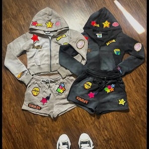 Conjunto de dos piezas de verano para mujer, conjunto de pantalones cortos lavados con ácido con logotipo bordado personalizado, chaqueta estampada, conjuntos de pantalones cortos para mujer - Product Image 3