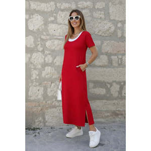 Women's Short-Sleeved, Tank Top-Look Long <b>Viscose</b> <b>Dress</b> with Side Slit, 35377 - Red - Product Image 3