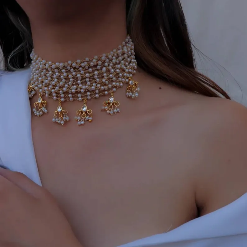 Conjunto de collar de perlas largas collar indio conjunto de collar de oro joyería de declaración joyería de boda india de Bollywood | Je indio