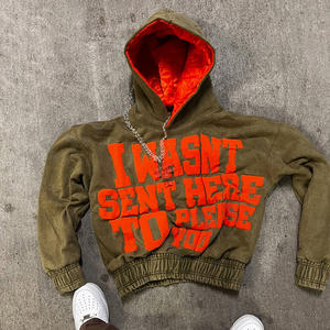 Pull-over Vintage personnalisé lourd avec fermeture éclair et lavage à l'acide Sweats à capuche courts Boxy pour hommes en polaire vierge unie - Product Image 3