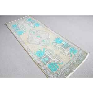 Alfombra Turca de 1.4x3.6 pies, Alfombra Vintage, Alfombra de Lana con Diseño de Camuflaje Azul - Product Image 3