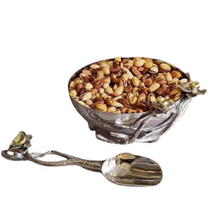 Soporte de aluminio Material de vidrio Diseño de forma de hoja de flor Tazón chapado en oro Tazón de comida de alta calidad para servir aperitivos - Product Image 5