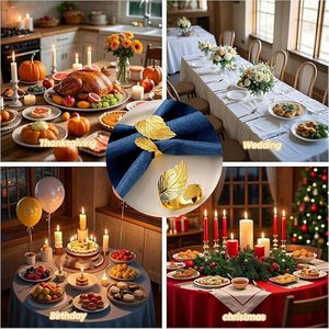 Handmade 12-Piece <b>Set</b> of <b>Square</b> Aluminum Napkin Rings with Golden Leaf for Formal <b>Dinner</b> Parties Events Export Price Available - Product Image 4