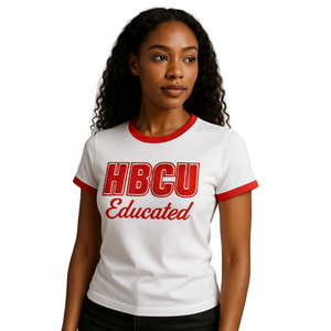 HBCU Educated Women Chenille Contrast Trim Ringer T Shirt White with Red Embroidered Letters Cotton Collegiate Greek Fashion - Product Image 1