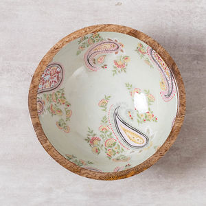This Stunning Wooden Bowl Features a Polished Exterior Enamel Printed Inside Tabletop <b>Dinnerware</b> Rice Serving Bowl Kitchenware - Product Image 1