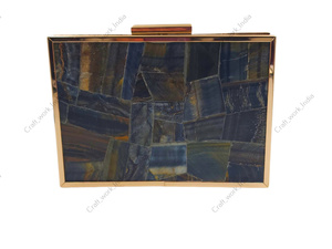 Natural Blue Tiger Eye Gemstone Panelled Clutch <b>Bag</b> With Gold Frame Luxury Handmade Womens Evening Party <b>Wedding</b> Box Handbag - Product Image 4