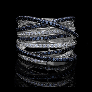 Luxueux 14K Or Plaqué Rhodium Large Bande Anneau Bold Crossover Pave Design Alternant Rangées Diamants Blancs Noirs Naturels - Product Image 2