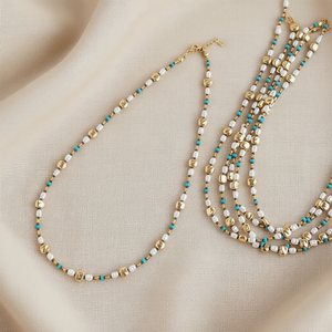 Collier élégant plaqué or avec perles et pierres turquoise pour la revente - Product Image 3