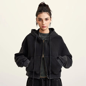 Sudaderas con capucha de manga larga sueltas Vintage lavadas con ácido con cremallera estilo callejero con cremallera Top corto en blanco sudaderas con capucha de moda para mujer - Product Image 4