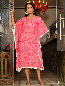 Robe caftan pour femme, bleu, 100% coton, tissée, taille naturelle, imprimée, avec bordure en dentelle, manches chauve-souris, décontractée, respirante - Product Image 2