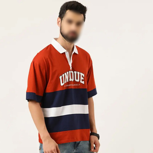 T-shirt rouge en pur coton à col polo imprimé pour hommes, chemise boutonnée décontractée à manches courtes légèrement extensible pour l'été - Product Image 2