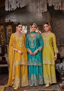 Costume Sharara de style pakistanais traditionnel brodé lourd de Chinon pour adultes pour les mariages et toutes les occasions Salwar Kameez - Product Image 2