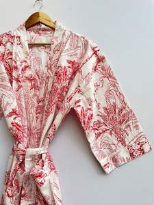 Women's Cotton Kimono Robe Block Print Comfortable Nightwear Dress Bridesmaid Gown Dressing Handmade Beachwear Natural Waistline - Product Image 3