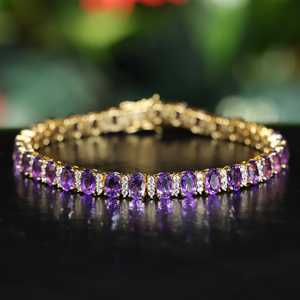 สีม่วงอ่อนหรูหราอเมทิสต์ทรงรีจากธรรมชาติที่มีสีขาวบุษราคัมสร้อยข้อมือชุบทอง18K สีเหลืองสร้อยข้อมือเครื่องประดับที่ดีสำหรับงานปาร์ตี้ - Product Image 1