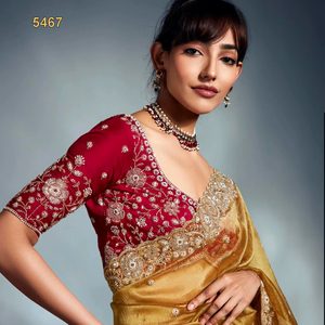 Sari de Moda para Bodas con Bordado Pesado, Trabajo a Mano en el Borde y el Cuerpo, Moti, Cutdana, Lentejuelas, para Mujer - Product Image 6