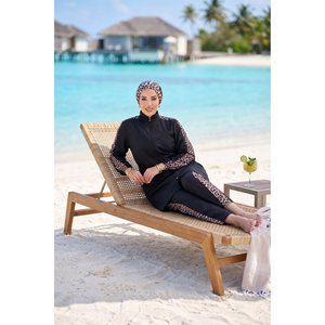 Ensemble de maillot de bain modeste trois pièces à imprimé léopard avec fermeture éclair, en nylon/spandex respirant, motif tricoté et logo à la taille - Product Image 1