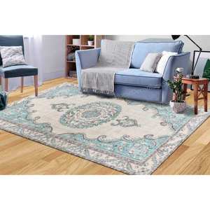 Tapis imprimé : Tapis bleu et gris, tapis de style turc, tapis fin non tissé - Product Image 2