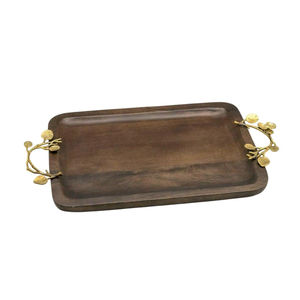 Plateau de service en bois artisanal de luxe avec accent en feuille d'or Plateau de service rond décoratif pour la maison et la cuisine - Product Image 2