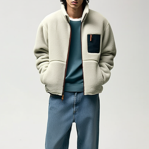 Custom Winter High Quality Long Sleeve Turn-down Collar Outdoor Zipper Patchwork <b>Sherpa</b> Full-Zip <b>Fleece</b> Jacket for <b>Men</b> - Product Image 5