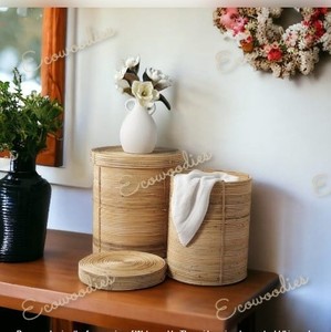 Cesta tejida de bambú rústico de primera calidad con tapa, organizador de escritorio multifuncional para ropa para cocina, dormitorio, sala de estar - Product Image 3