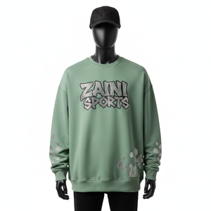 Sweat-shirt oversize pour homme en molleton de coton premium 320 GSM, vert sauge doux, avec strass, logo personnalisé par transfert thermique, sweat-shirts basiques - Product Image 1