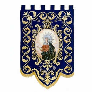 Bandera Litúrgica Procesional 3D Ecológica al por Mayor, de Terciopelo Azul con Bordado a Mano y Flecos Dorados, Diseño Personalizado - Product Image 1