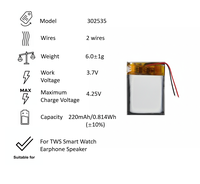 Baterai litium polimer 302535 302535-2, baterai pengganti 2 kabel 220mAh 3.7V, baterai Speaker isi ulang kapasitas tinggi